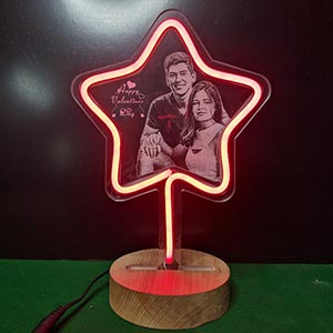 Personalized Color Light Heart Photo Frame With Wooden Base