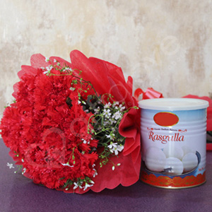 Red Carnations with Rasgulla Sweets