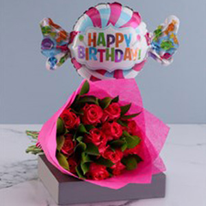 Red Rose Bouquet with Birthday Balloon