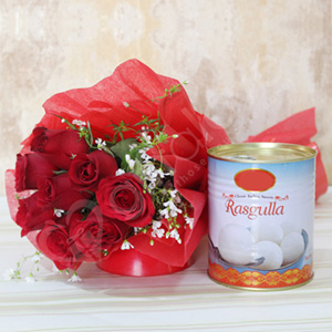 Red Rose Flowers with Rasgulla 