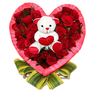 Red Rose Heart Shaped Flower Arrangement with Teddy