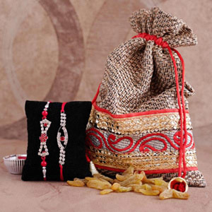 Set of 2 Stone Rakhi with Raisin Potli