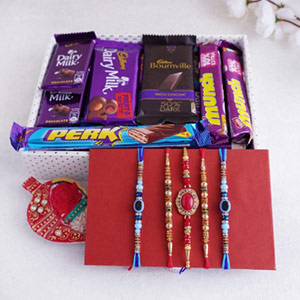 Set of 5 Designer Rakhi With Chocolate Tray