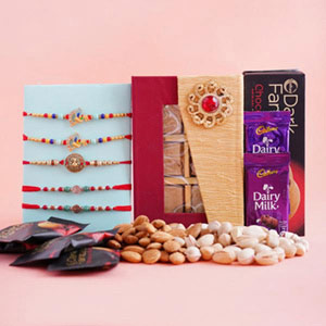 Set of 5 Designer Rakhi with Dry Fruits and Chocolates