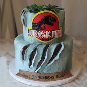 Two Tier Fiery Dinosaur Themd Cake