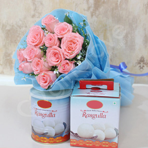 Vibrant Pink Rose Flowers with Rasgulla 
