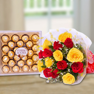 Yellow N Red Roses with Ferrero Rocher Chocolates