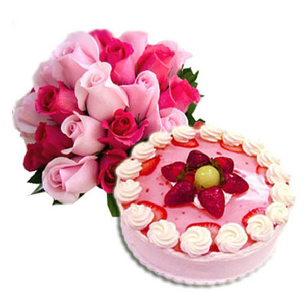 Send Pink Flowers with Cake Combo Online