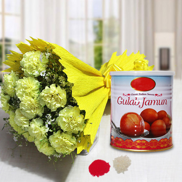 Send Enticing Yellow Carnations & Gulab Jamun Combo Online