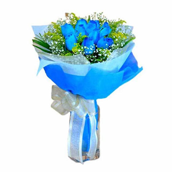 Send 10 Blue Roses Hand Bouquet Online