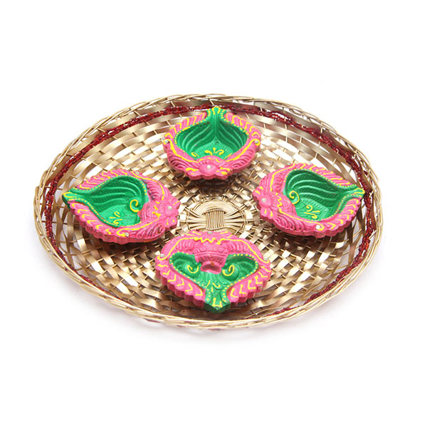 Send Decorative Wooden Basket with Four Designer Diyas  Online