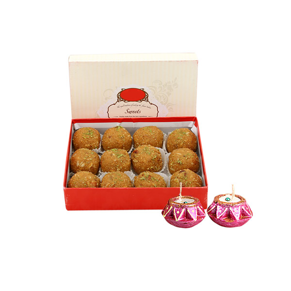 Send 1 kg Besan Laddoo & Diyas - Diwali Gifts Online