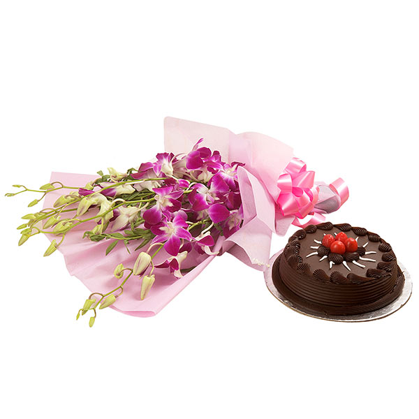 Send Exotic Orchids n Cake Hamper Online