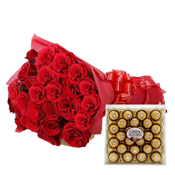 Send Fresh Red Roses Bunch with Ferrero Rocher (300gm) Online