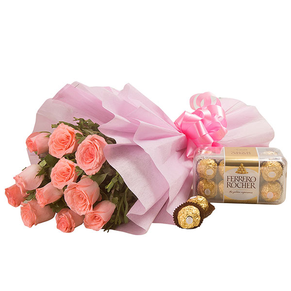 Send Peach Roses with Ferrero Rocher Chocolates Online