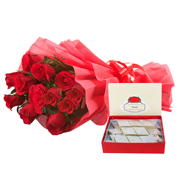 Send Kaju Katli Sweets with Red Rose Bouquet Online
