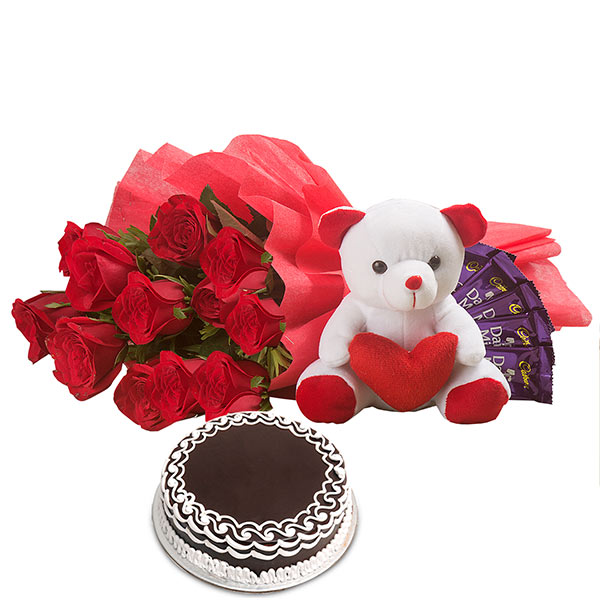 Send Chocolate Cake & Roses Hamper Online