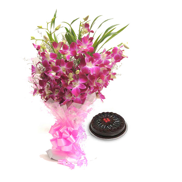 Send Purple Orchids & Truffle Cake (500gm) Online