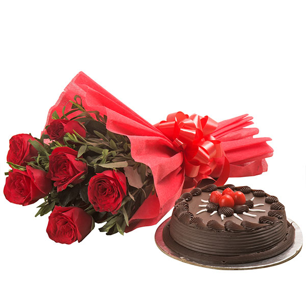Send 6 Red Roses Bouquet with Truffle Cake (500 gm) Online