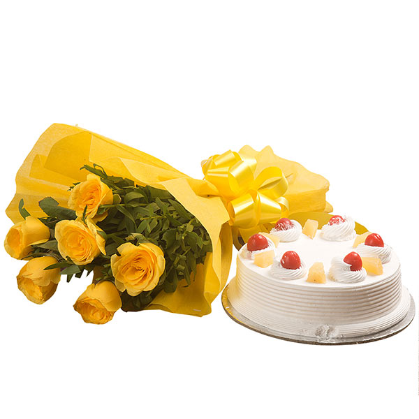 Send 6 Yellow Roses with Pineapple Cake (500gm) Online