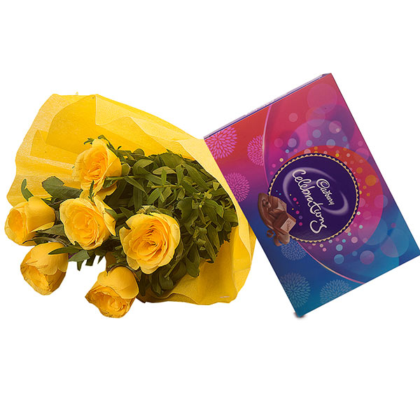 Send 6 Yellow Roses with Cadbury Celebrations (121 gm) Online