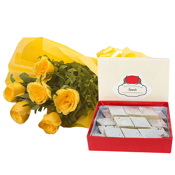 Send Yellow Roses N Kaju Katli Online