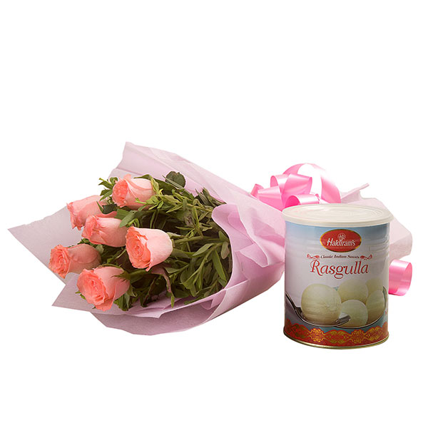 Send Peach Roses with Rasgulla (1 kg) Online
