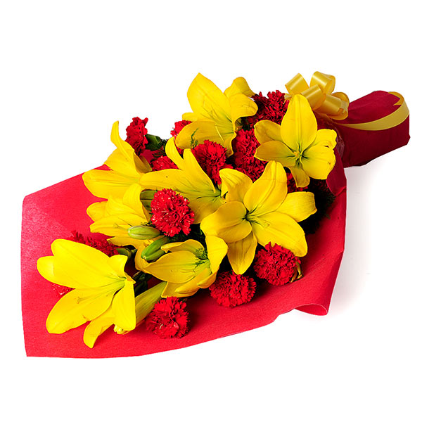 Send Stunning Yellow Lilies with Red Carnations Online