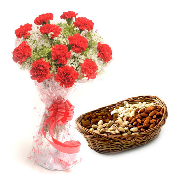 Send Red Carnations with Mixed Dryfruit Basket Online
