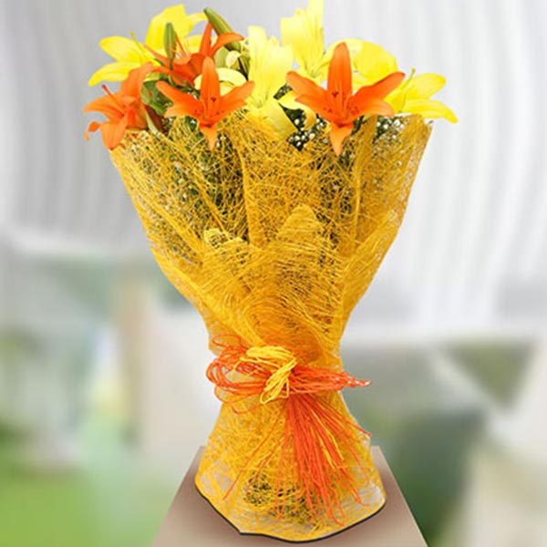 Send Orange & Yellow Lilies Bouquet Online