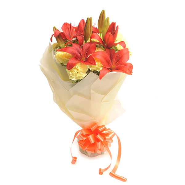 Send Radiant Yellow Carnations & Orange Lilies Bouquet Online