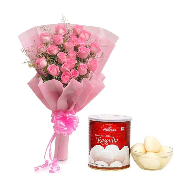 Send Pink Roses Bouquet with 1 kg Rasgulla Online