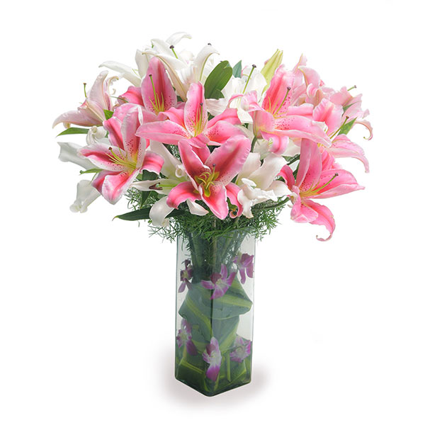 Send Pink and White Oriental Lilies Glass Vase Online