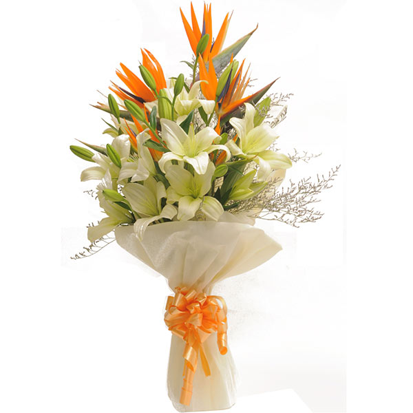 Send Exotic Bouquet of White Lilies & Birds of Paradise Online