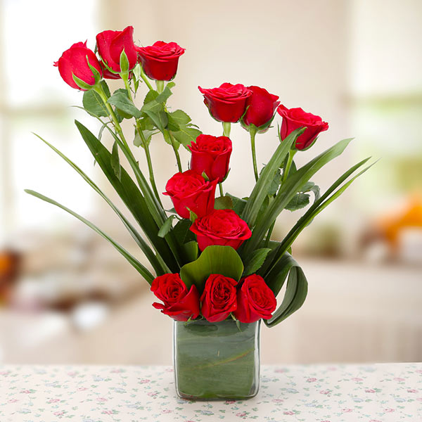Send Red Roses Square Glass Vase Online