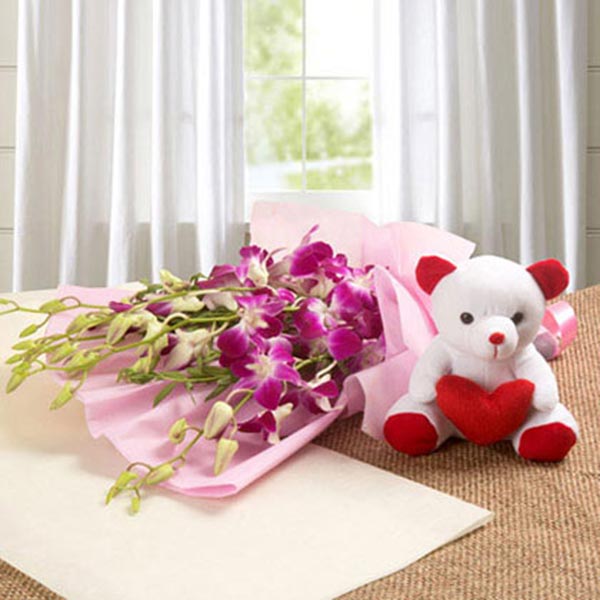 Send Purple Orchids with Small Teddy Online