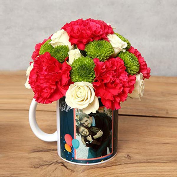 Send Carnations and Roses in Birthday Mug Online
