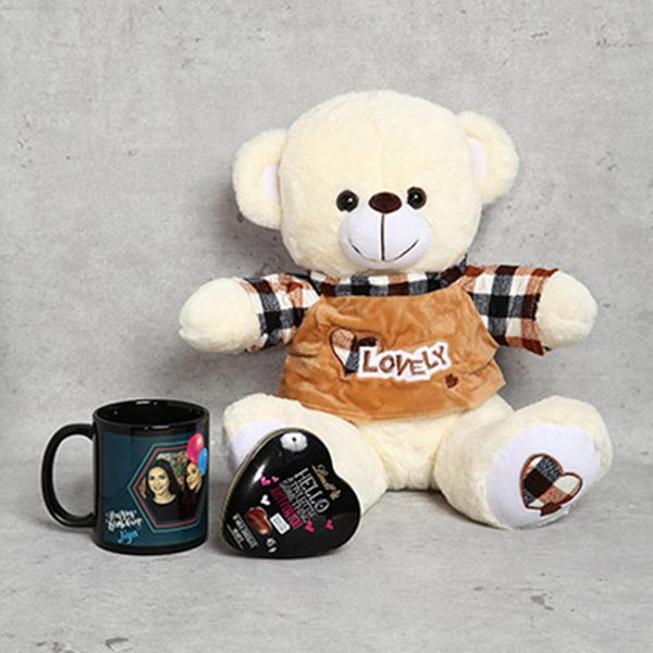 Send Teddy Bear Chocolates and Personalised Mug Gift Set Online
