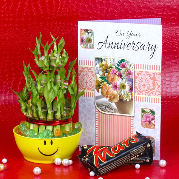 Send Good Luck Bamboo Plant, Mars Chocolate with Anniversary Card. Online