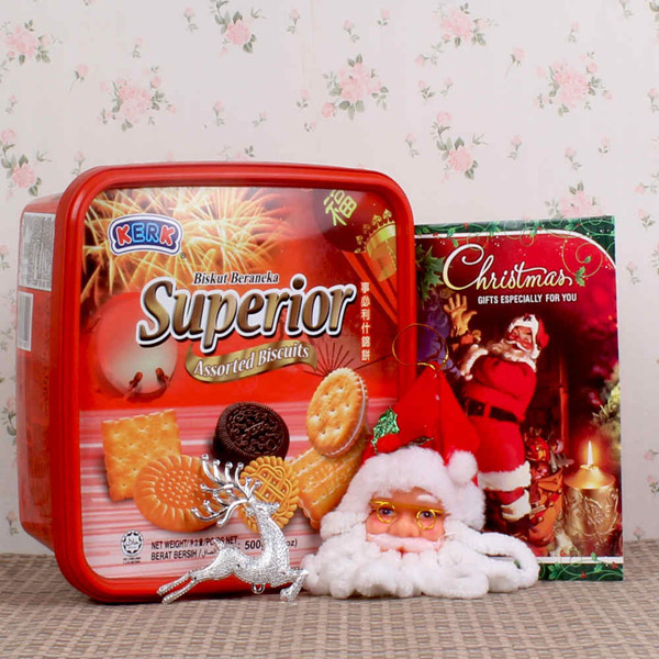 Send Cute Santa Face and Small Reindeer with Assorted Biscuits Online