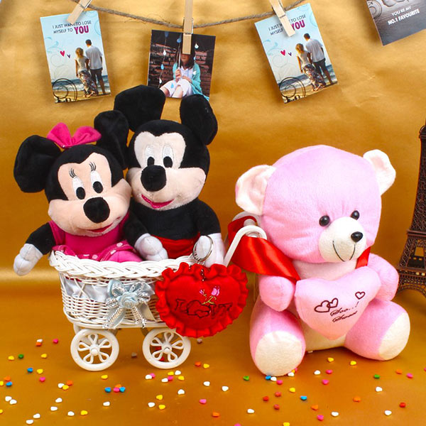 Send Teddy with Mickey Minnie Mouse Toy and Small Red Heart Online