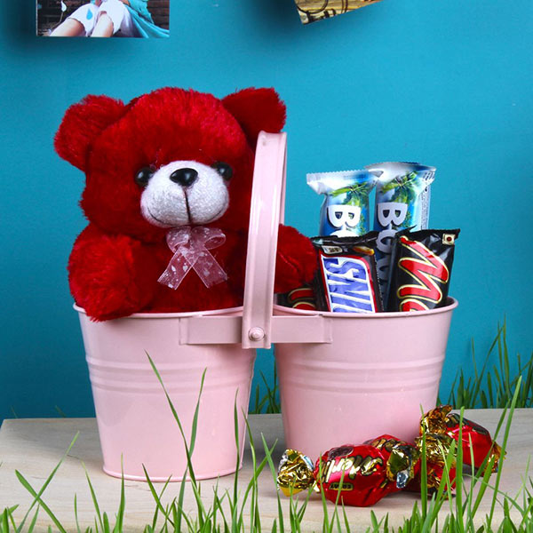 Send Twin Love Basket of Teddy and Imported Chocolates Online