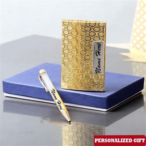 Send Customized Golden Color Card Holder and Pen Online