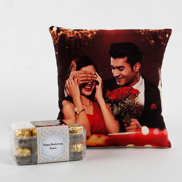 Send Personalised Cushion & Ferrero Rocher Combo Anniversary Online