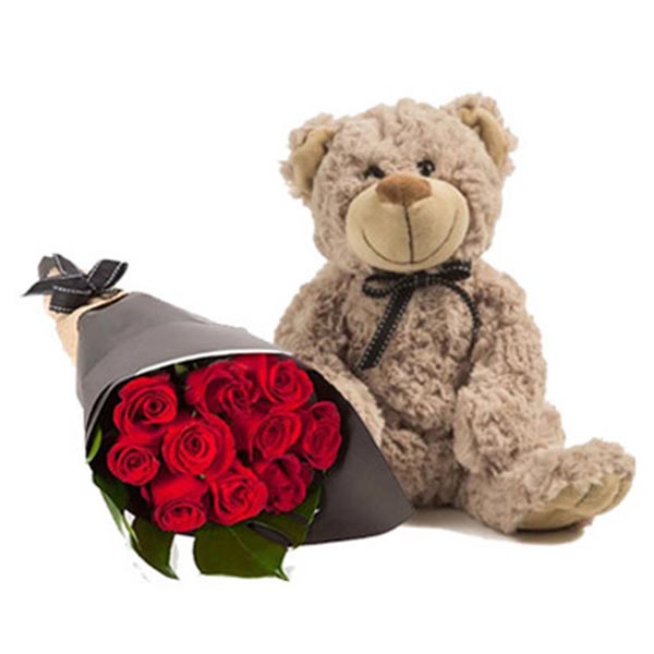 Send Lovely Red Roses With Brown Teddy Online
