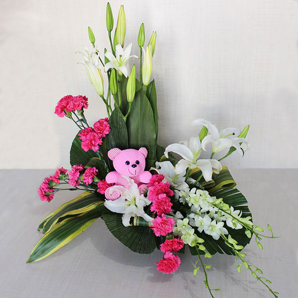 Send Exquiite Mixed Flowers Basket with Teddy Online