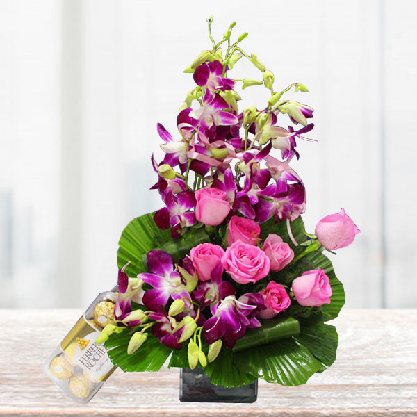 Send Mixed Flower Basket with Ferrero Rocher Online