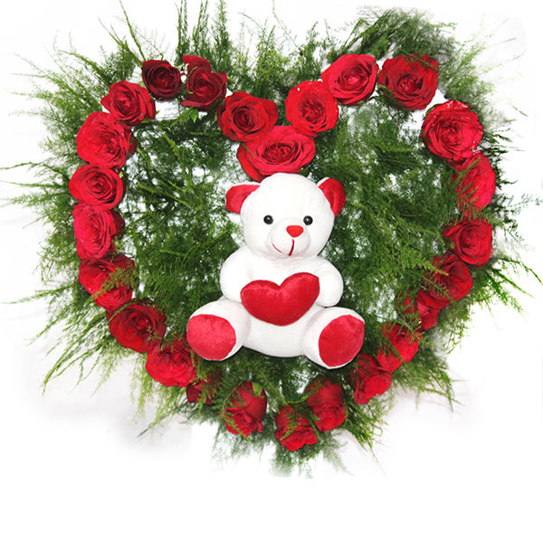 Send Heart Shaped Roses with Teddy Online