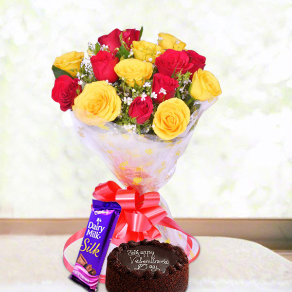 Send Red & Yellow Roses with Choco Treats Online