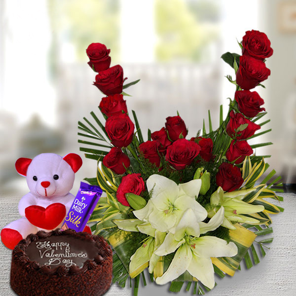 Send Flower Basket with Cake, Chocolate, & Teddy Online